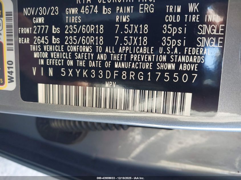 2024 Kia Sportage Ex VIN: 5XYK33DF8RG175507 Lot: 43959033