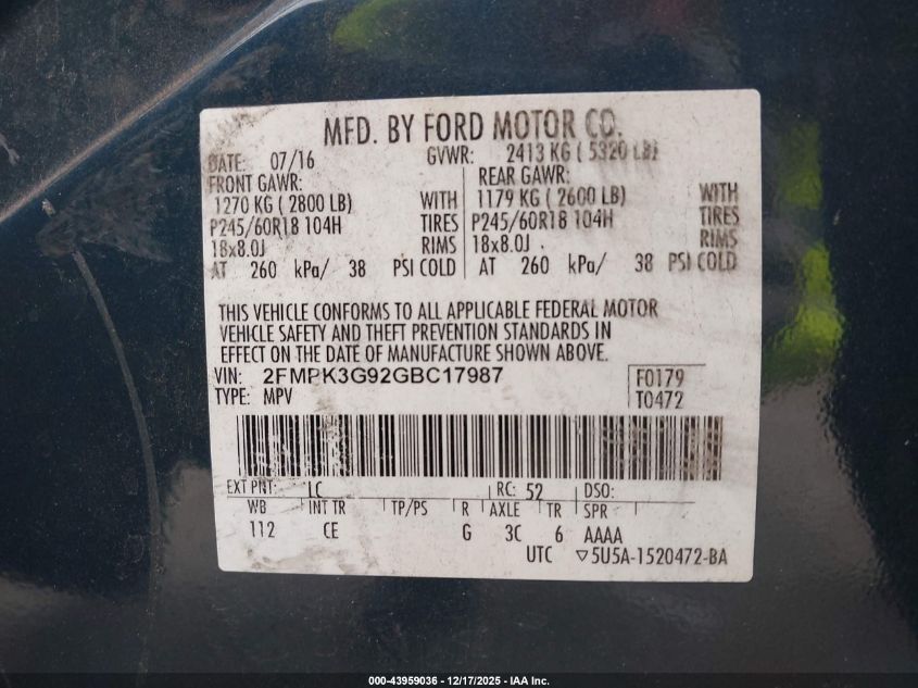 2016 Ford Edge Se VIN: 2FMPK3G92GBC17987 Lot: 43959036