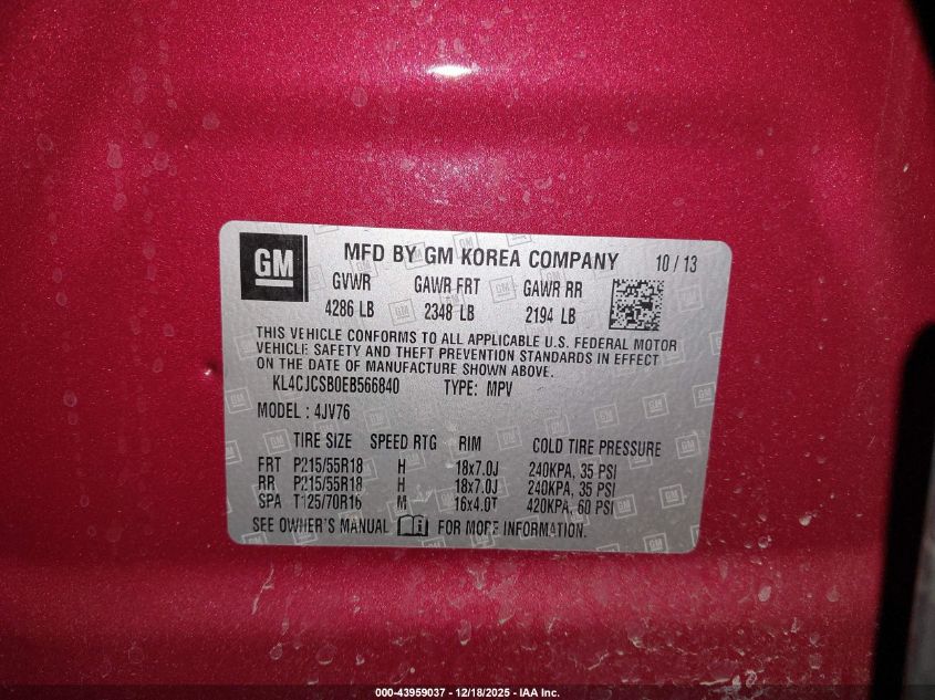 2014 Buick Encore Leather VIN: KL4CJCSB0EB566840 Lot: 43959037