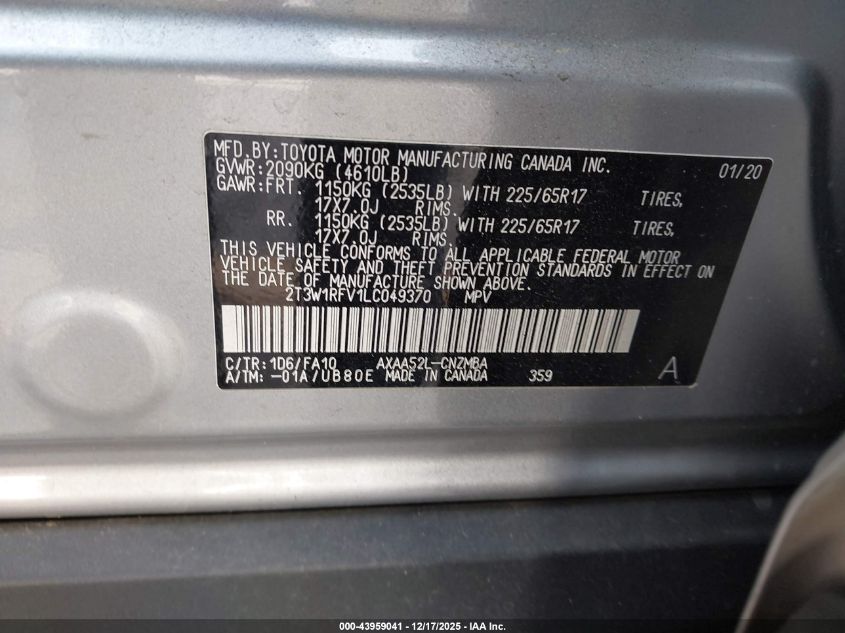 2020 Toyota Rav4 Xle VIN: 2T3W1RFV1LC049370 Lot: 43959041