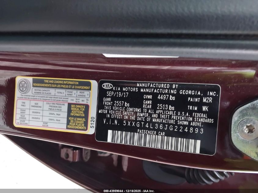 2018 Kia Optima Lx VIN: 5XXGT4L36JG224893 Lot: 43959044