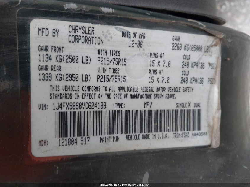 1997 Jeep Grand Cherokee Laredo/Tsi VIN: 1J4FX58S8VC624198 Lot: 43959047