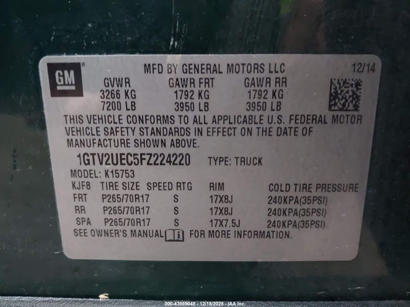 2015 GMC Sierra 1500 Sle VIN: 1GTV2UEC5FZ224220 Lot: 43959048