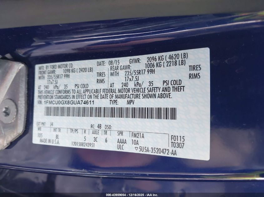 2016 Ford Escape Se VIN: 1FMCU0GX8GUA74611 Lot: 43959054