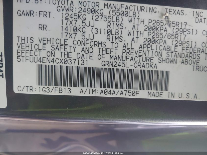 2012 Toyota Tacoma Base V6 VIN: 5TFUU4EN4CX037131 Lot: 43959056