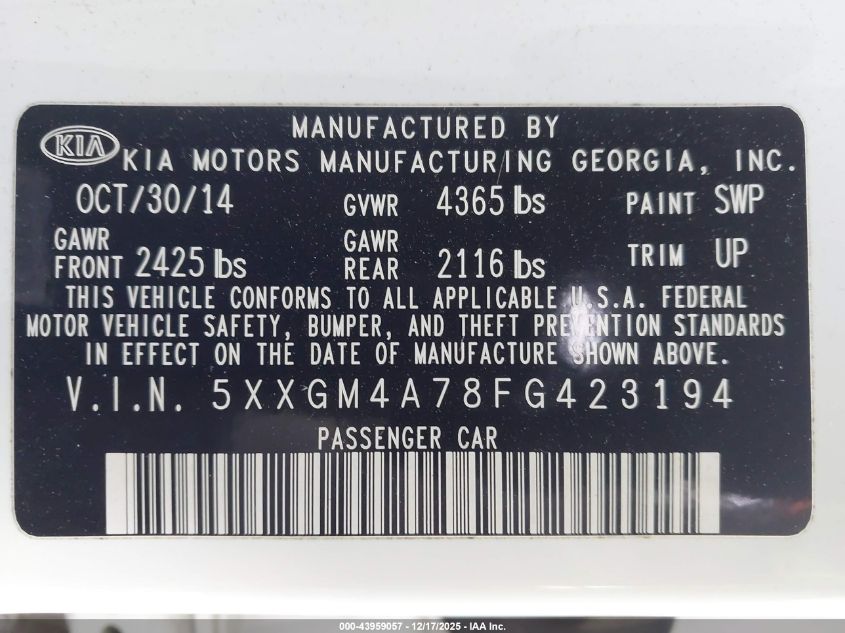 2015 Kia Optima Lx VIN: 5XXGM4A78FG423194 Lot: 43959057