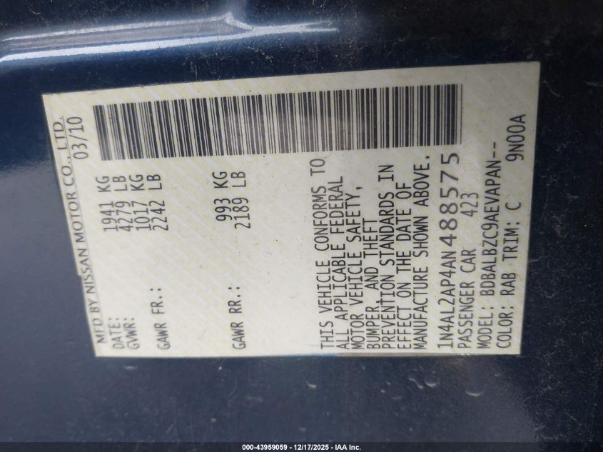 2010 Nissan Altima 2.5 S VIN: 1N4AL2AP4AN488575 Lot: 43959059