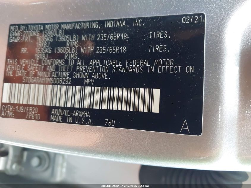 2021 Toyota Highlander Hybrid Xle VIN: 5TDGARAH1MS008292 Lot: 43959061