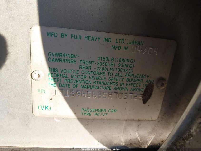 2005 Subaru Forester 2.5Xs VIN: JF1SG65635H703725 Lot: 43959063