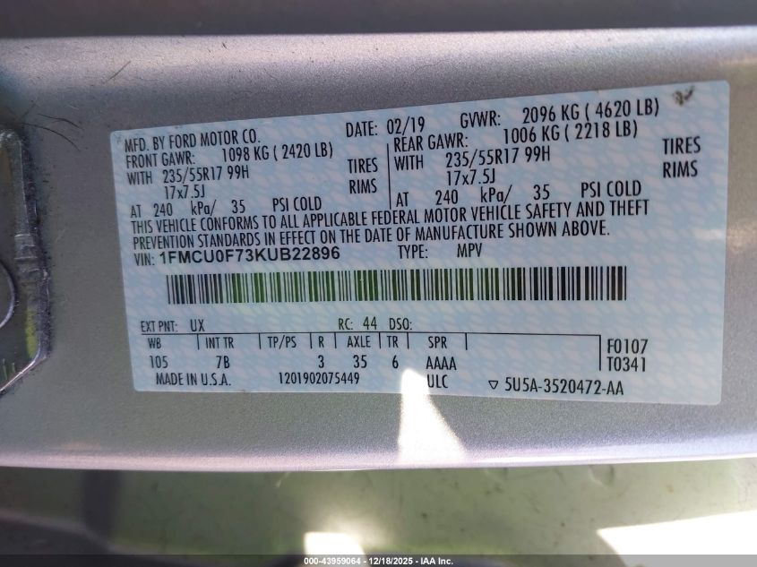 2019 Ford Escape S VIN: 1FMCU0F73KUB22896 Lot: 43959064