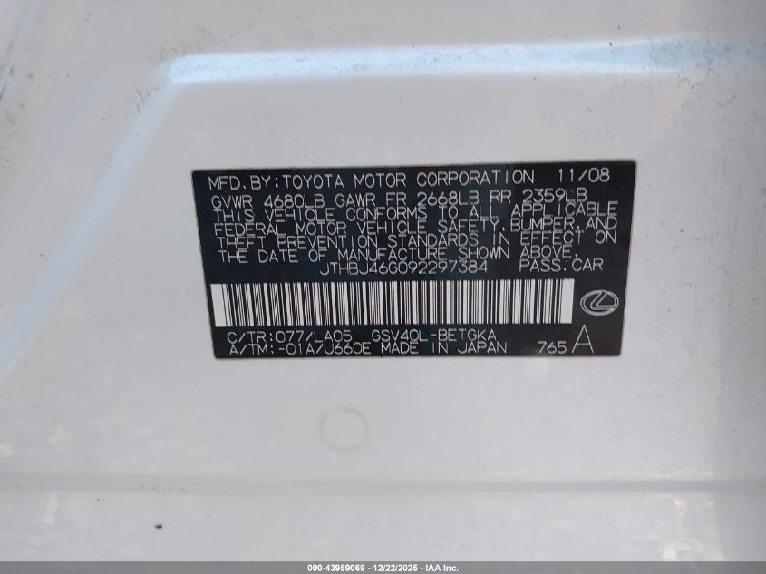 2009 Lexus Es 350 VIN: JTHBJ46G092297384 Lot: 43959069