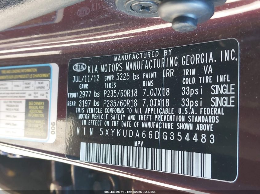 2013 Kia Sorento Ex VIN: 5XYKUDA66DG354483 Lot: 43959071