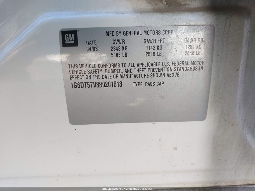 2008 Cadillac Cts Standard VIN: 1G6DT57V880201618 Lot: 43959075