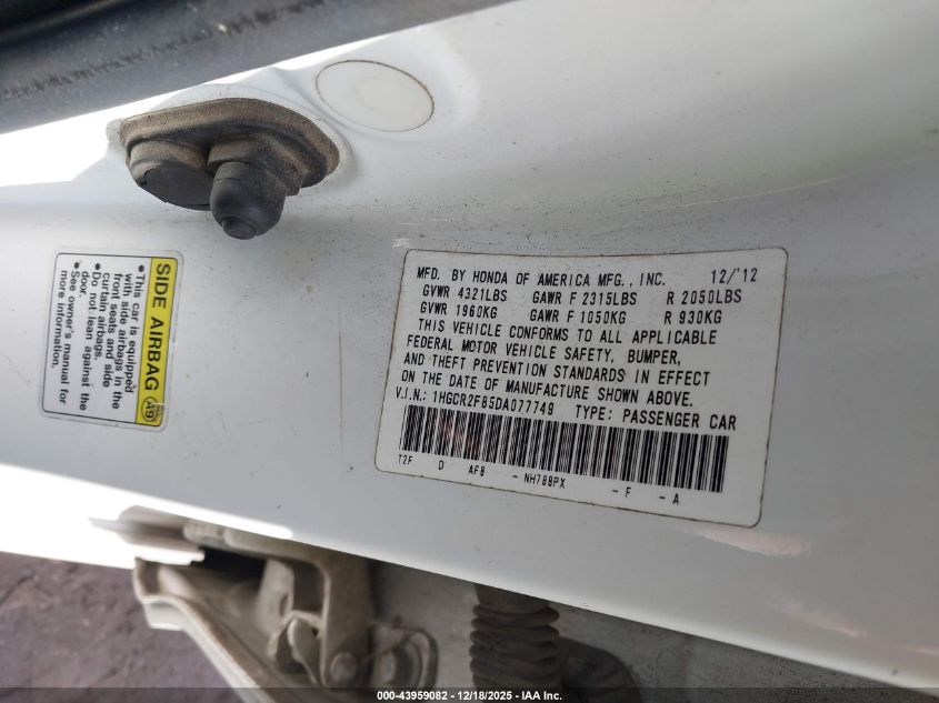 2013 Honda Accord Ex-L VIN: 1HGCR2F85DA077749 Lot: 43959082