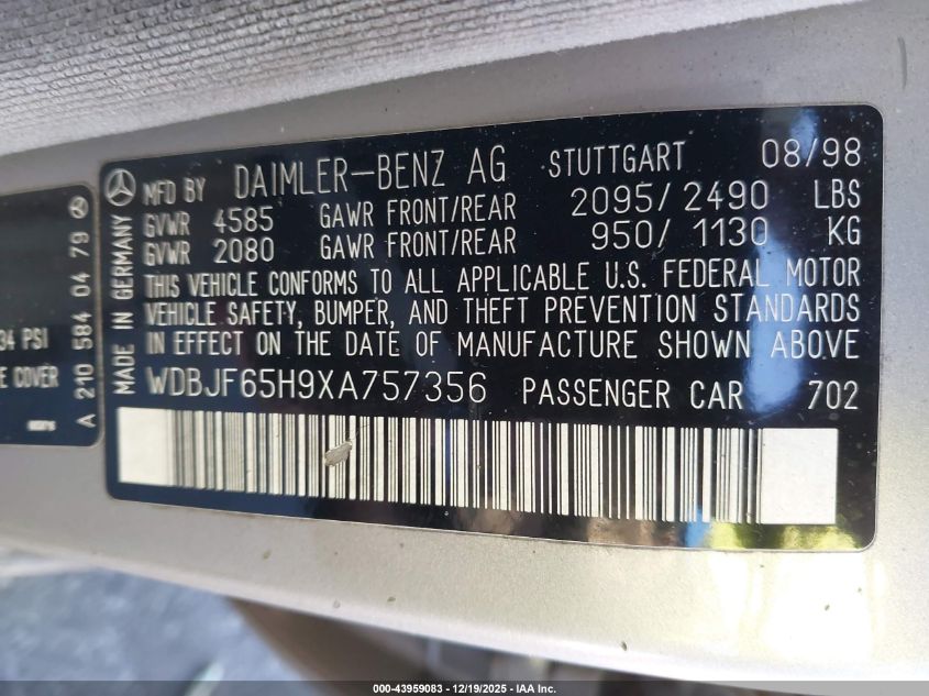 1999 Mercedes-Benz E 320 VIN: WDBJF65H9XA757356 Lot: 43959083