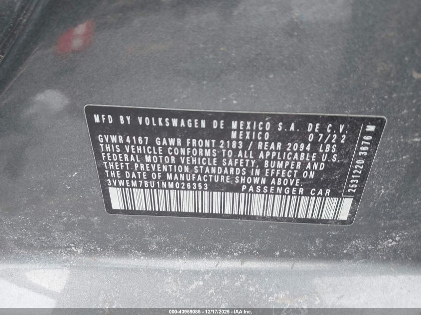2022 Volkswagen Jetta 1.5T Se VIN: 3VWEM7BU1NM026353 Lot: 43959085