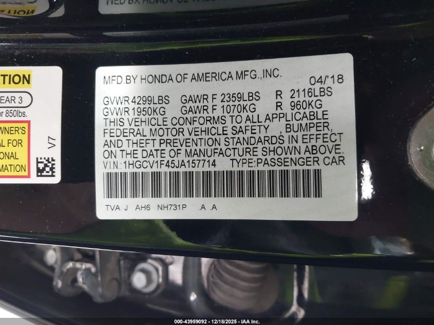 2018 Honda Accord Ex VIN: 1HGCV1F45JA157714 Lot: 43959092