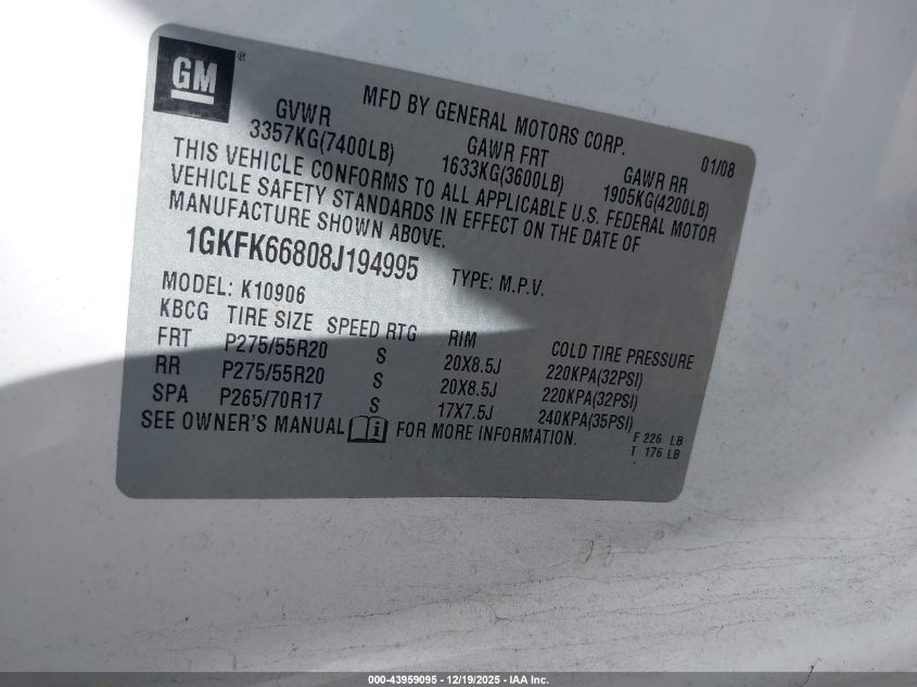 2008 GMC Yukon Xl 1500 Denali VIN: 1GKFK66808J194995 Lot: 43959095