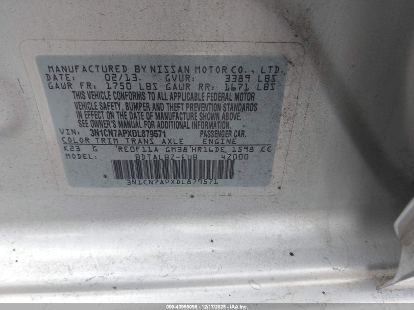 2013 Nissan Versa 1.6 Sv VIN: 3N1CN7APXDL879571 Lot: 43959098