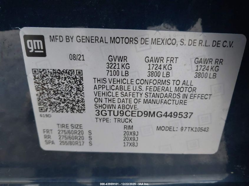 2021 GMC Sierra 1500 4Wd Short Box Elevation VIN: 3GTU9CED9MG449537 Lot: 43959101