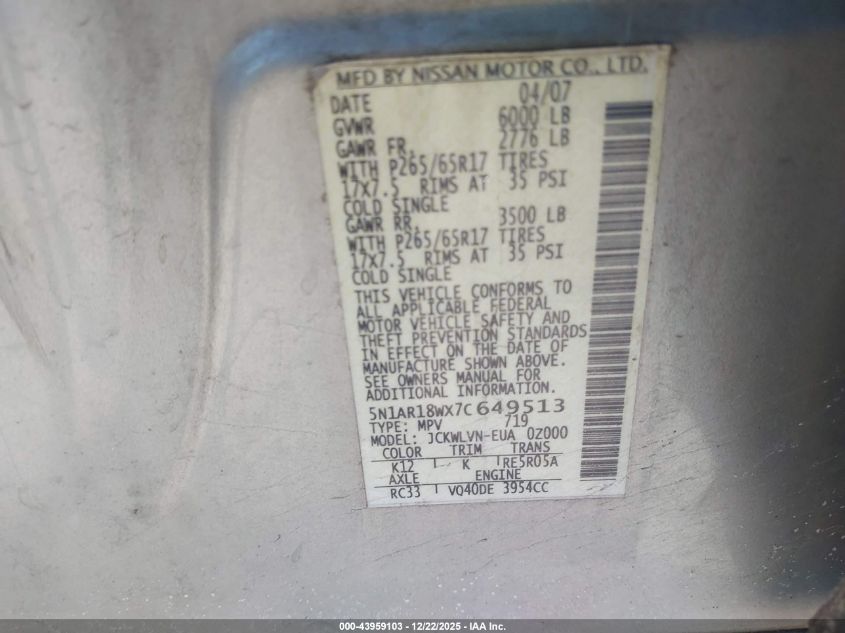 2007 Nissan Pathfinder Le VIN: 5N1AR18WX7C649513 Lot: 43959103