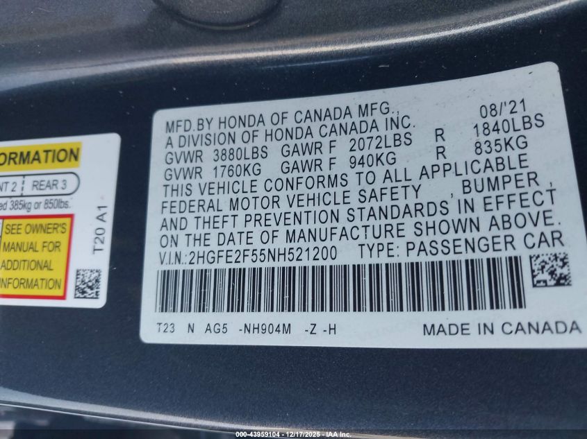 2022 Honda Civic Sport VIN: 2HGFE2F55NH521200 Lot: 43959104