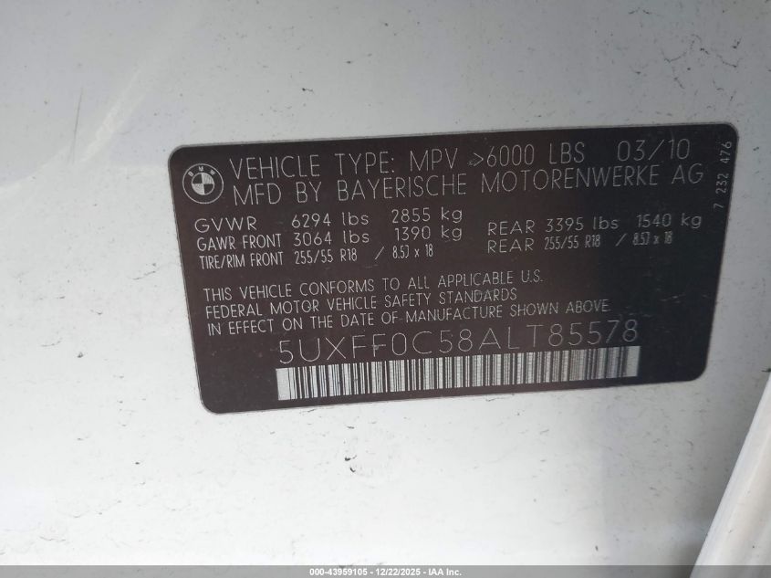 2010 BMW X5 xDrive35D VIN: 5UXFF0C58ALT85578 Lot: 43959105