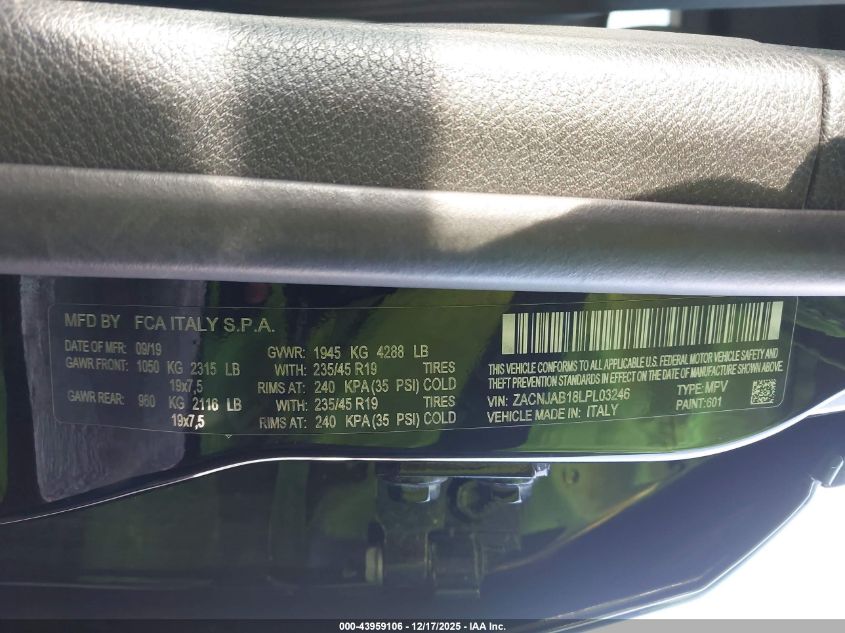 2020 Jeep Renegade High Altitude Fwd VIN: ZACNJAB18LPL03246 Lot: 43959106