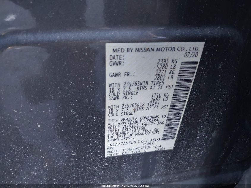 2020 Nissan Murano S Intelligent Awd VIN: 5N1AZ2AS3LN161399 Lot: 43959111