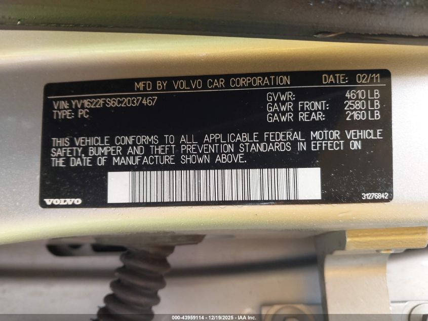 2012 Volvo S60 T5 VIN: YV1622FS6C2037467 Lot: 43959114