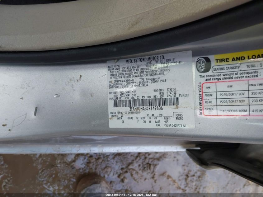 2012 Ford Fusion Se VIN: 3FAHP0HA3CR149606 Lot: 43959116