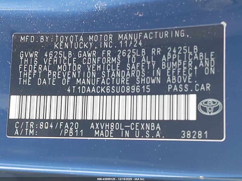 2025 Toyota Camry Le VIN: 4T1DAACK6SU089615 Lot: 43959120
