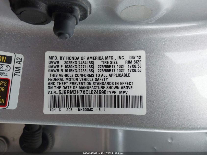 2012 Honda Cr-V Ex-L VIN: 5J6RM3H7XCL024690 Lot: 43959121