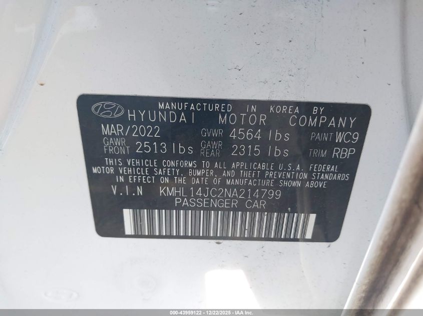 2022 Hyundai Sonata N Line VIN: KMHL14JC2NA214799 Lot: 43959122