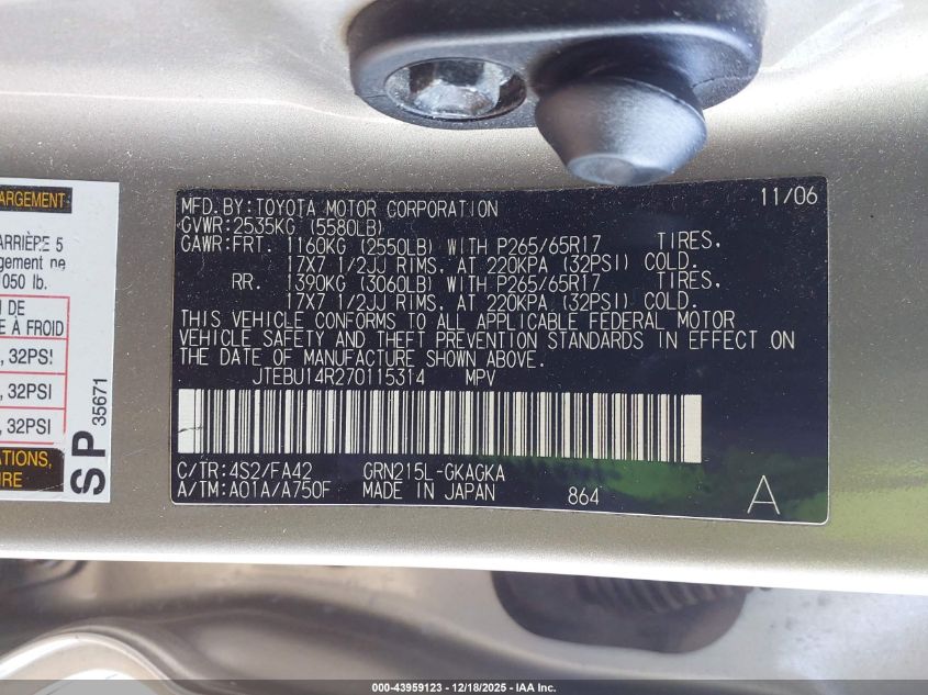 2007 Toyota 4Runner Sr5 V6 VIN: JTEBU14R270115314 Lot: 43959123