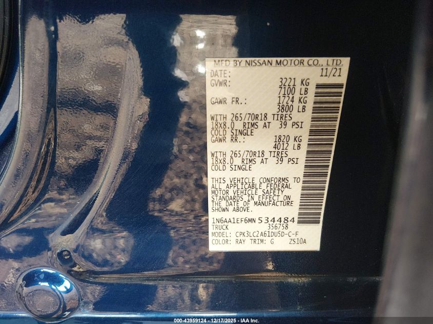 2021 Nissan Titan Sv 4X2 VIN: 1N6AA1EF6MN534484 Lot: 43959124