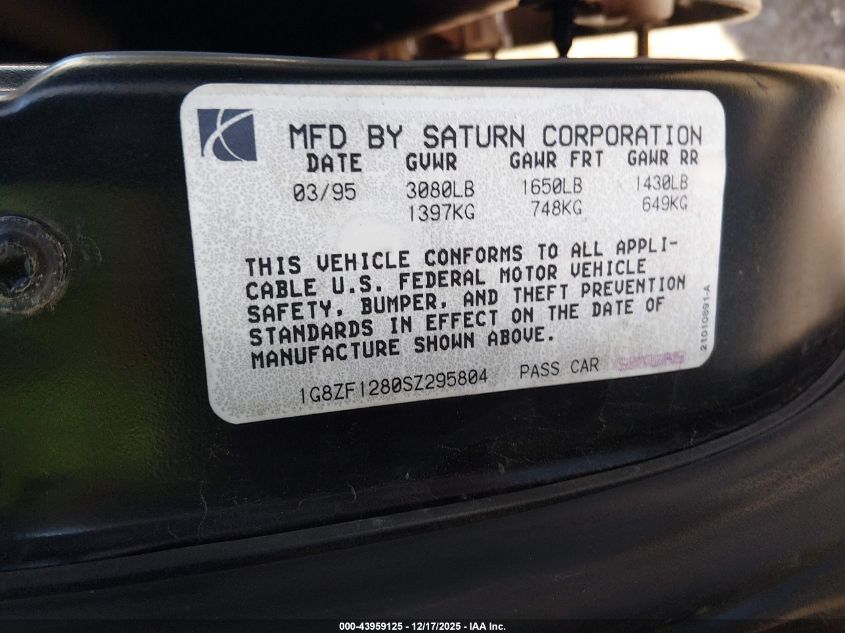 1995 Saturn Sc1 VIN: 1G8ZF1280SZ295804 Lot: 43959125