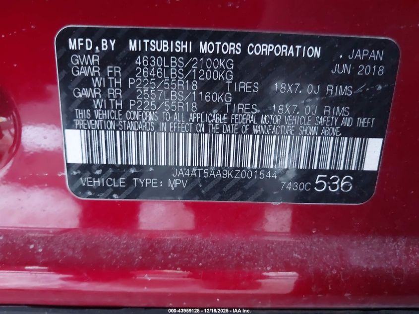 2019 Mitsubishi Eclipse Cross Se VIN: JA4AT5AA9KZ001544 Lot: 43959128