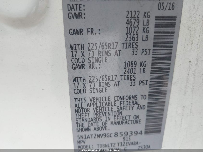 2016 Nissan Rogue Sv VIN: 5N1AT2MV9GC859394 Lot: 43959130