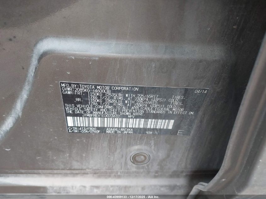 2014 Toyota Rav4 Le VIN: JTMBFREV1ED073832 Lot: 43959133