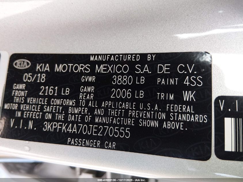 2018 Kia Forte Lx VIN: 3KPFK4A70JE270555 Lot: 43959136