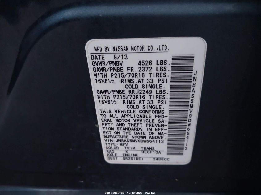 2013 Nissan Rogue S VIN: JN8AS5MV9DW664113 Lot: 43959139