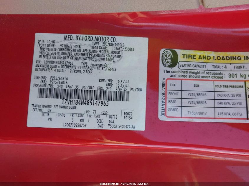 2008 Ford Mustang V6 Deluxe/V6 Premium VIN: 1ZVHT84N485147965 Lot: 43959140