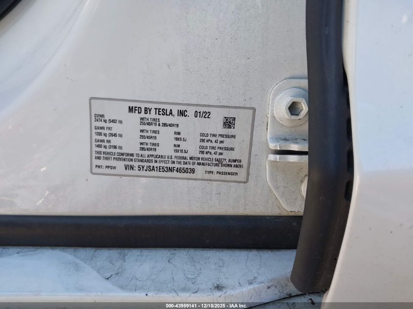 2022 Tesla Model S Dual Motor All-Wheel Drive VIN: 5YJSA1E53NF465039 Lot: 43959141