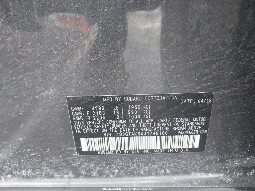 2018 Subaru Impreza 2.0I Sport VIN: 4S3GTAK64J1740160 Lot: 43959144