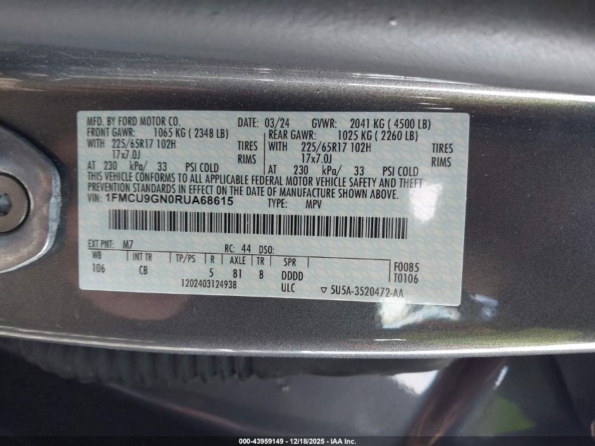 2024 Ford Escape Active VIN: 1FMCU9GN0RUA68615 Lot: 43959149