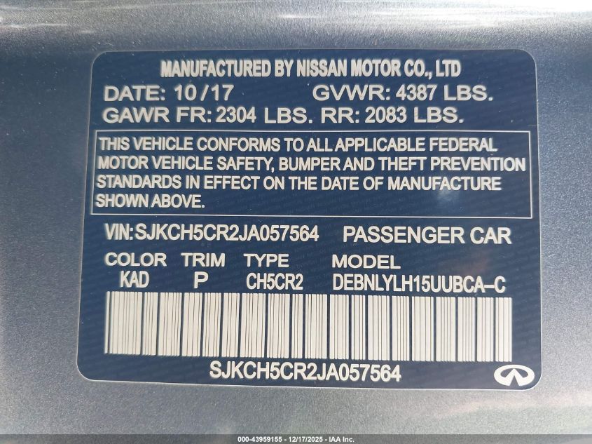 2018 Infiniti Qx30 Premium VIN: SJKCH5CR2JA057564 Lot: 43959155