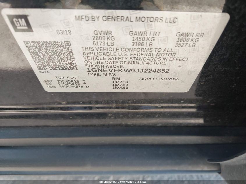 2018 Chevrolet Traverse Ls VIN: 1GNEVFKW9JJ224852 Lot: 43959156