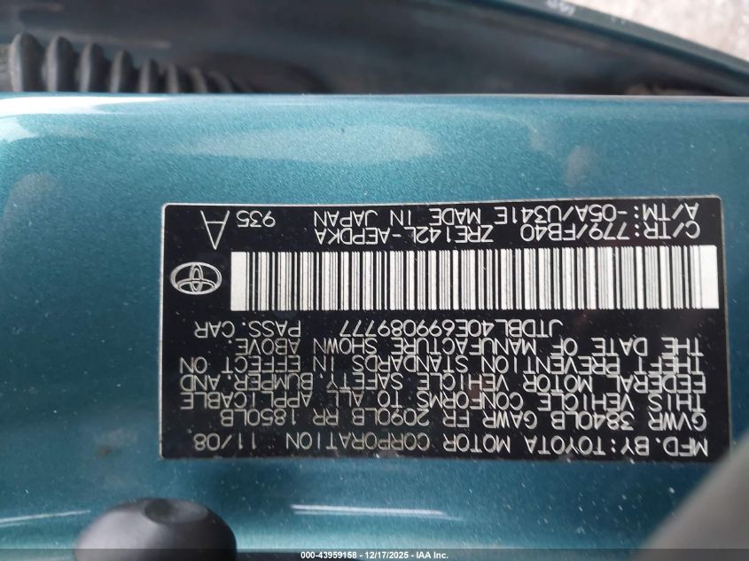 2009 Toyota Corolla Le VIN: JTDBL40E699089777 Lot: 43959158