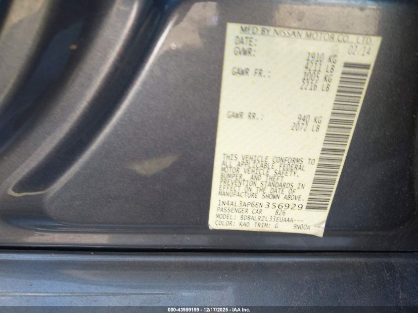 2014 Nissan Altima 2.5 S VIN: 1N4AL3AP6EN356929 Lot: 43959159